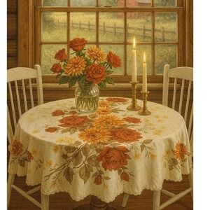 Vintage Floral Tablecloth, Roses, Chrysanthemums, Orange Yellow, Cottagecore #53